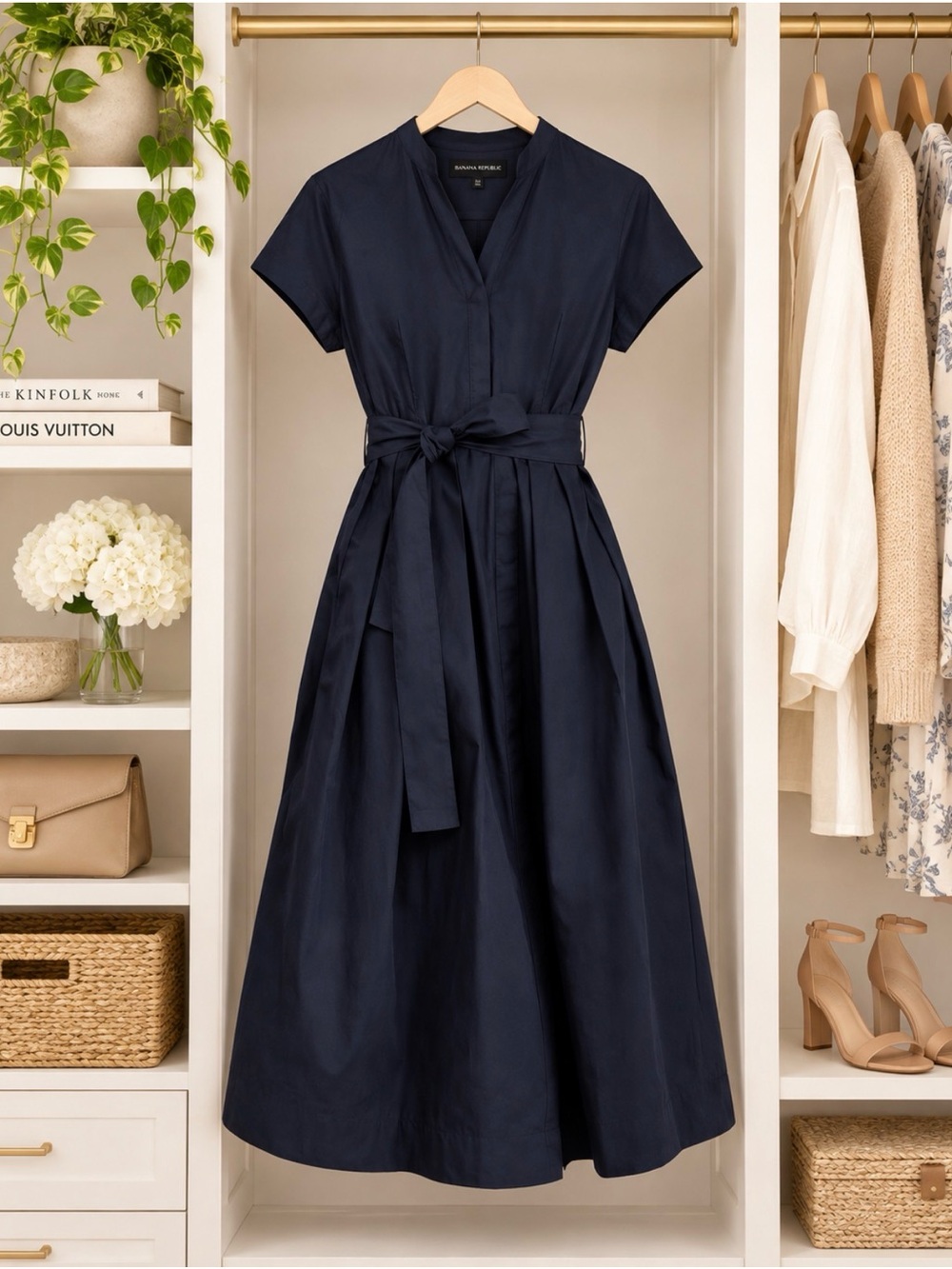 Banana Republic Navy Midi Shirtwaist Dress with Waist Tie